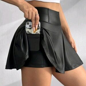 Black Faux Leather Skirt with Phone Pocket